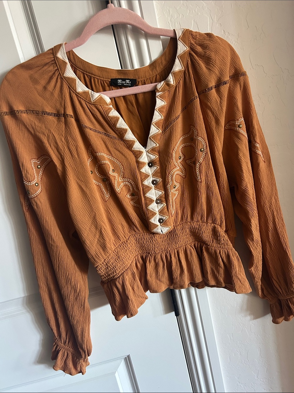 Miss Me Rust-Tan Boho Embroidered Peasant Long Sleeve Tunic with stud detail